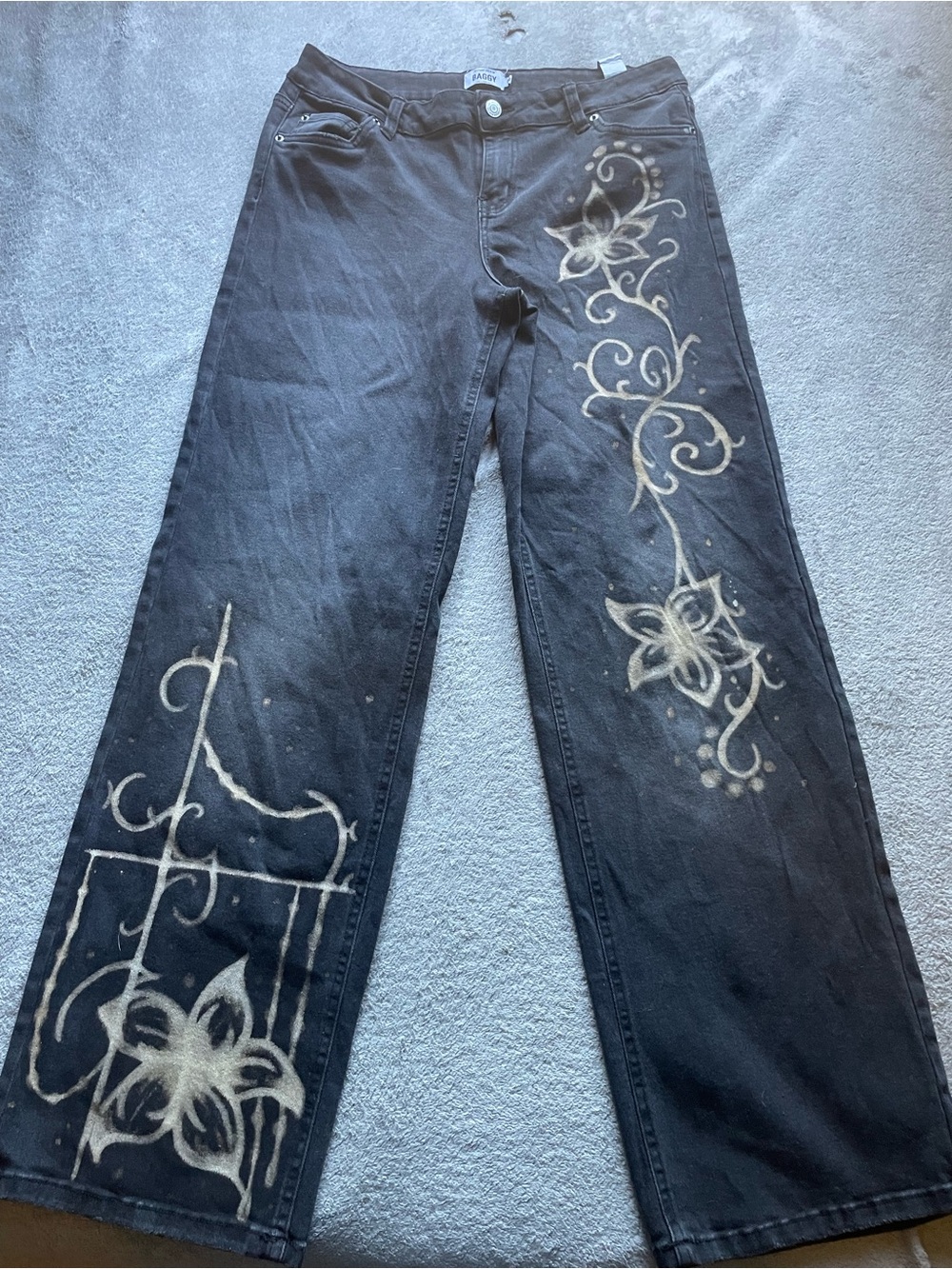 refuge Black Flare Jeans with Hand Bleach Floral Swirl